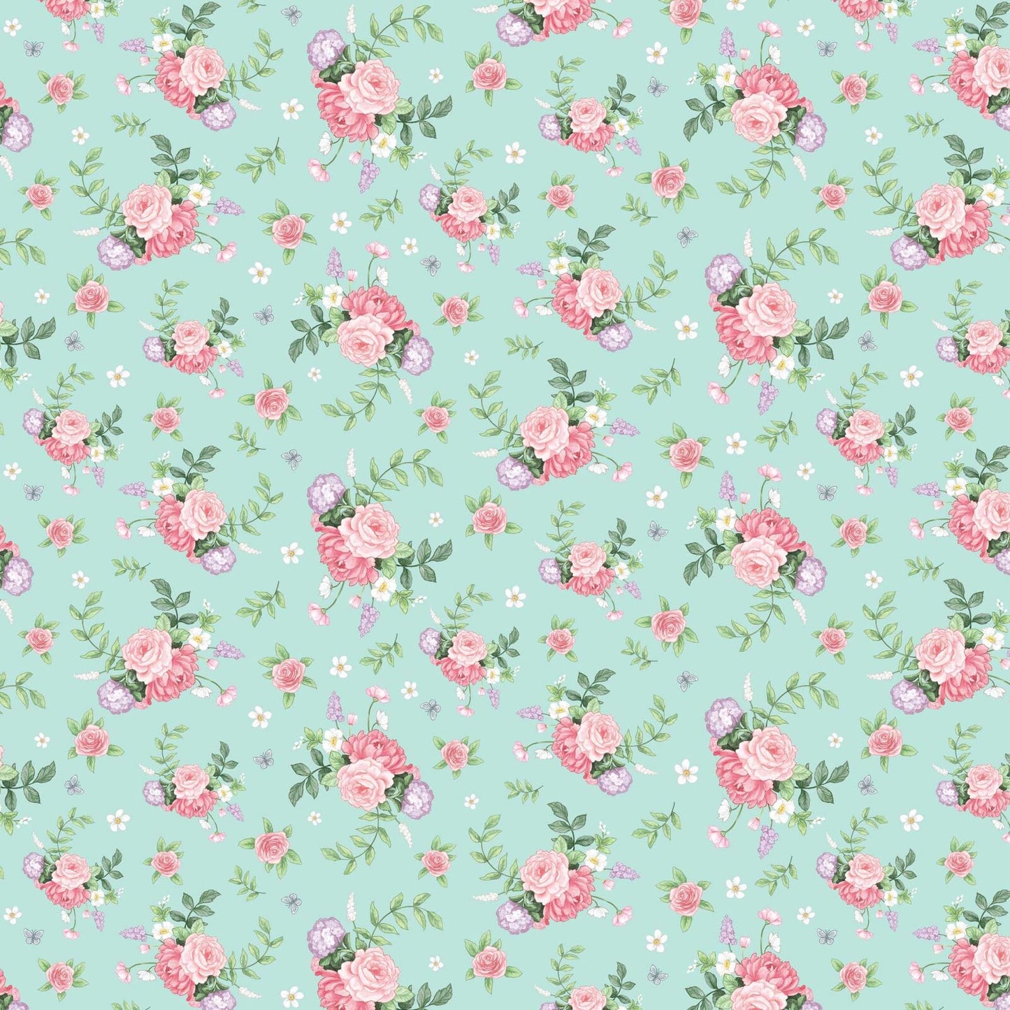 A repeating floral fabric pattern on a light mint green background, featuring pink roses, green leaves, small white flowers, and a few lavender blossoms.