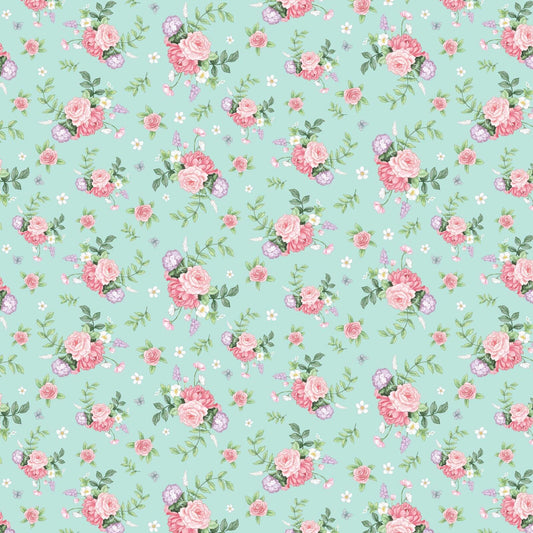A repeating floral fabric pattern on a light mint green background, featuring pink roses, green leaves, small white flowers, and a few lavender blossoms.