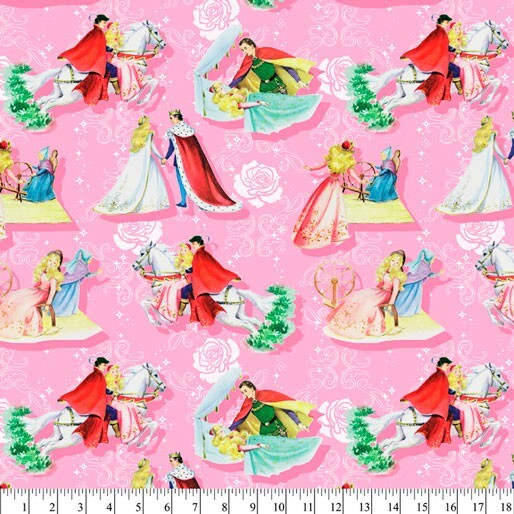 Pink fabric with a repeating pattern of classic fairy tale prince and princess illustrations of Sleeping Beauty, shown with a measurement ruler at the bottom to indicate scale.
