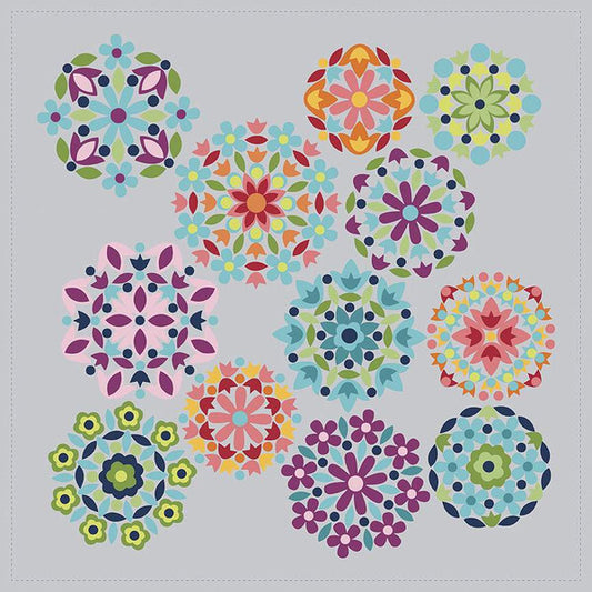 A set of twelve colorful geometric floral mandala patterns arranged in a grid on a light gray background.