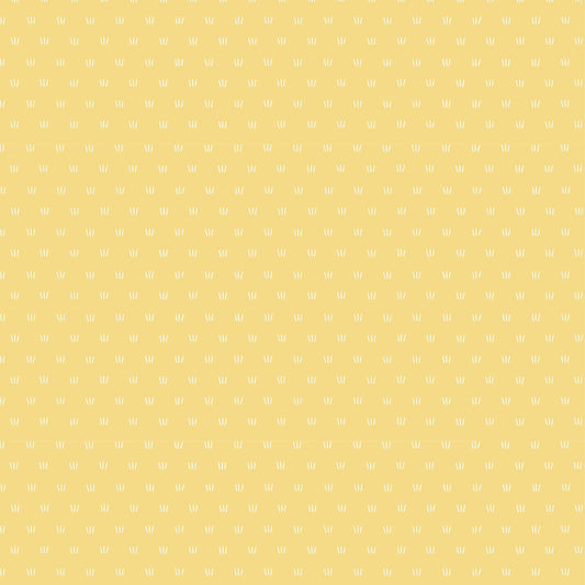 A repeating pattern of small white stylized flower or leaf motifs on a soft pastel yellow background.