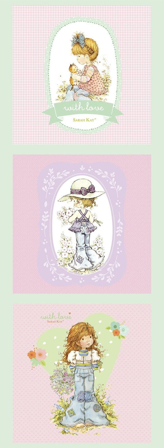 Three vertically stacked fabric art prints featuring whimsical illustrated girls in pastel colors on pink and mint backgrounds.