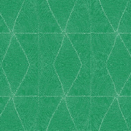 A close-up of a green textured fabric with a repeating geometric diamond pattern outlined in a lighter thread.