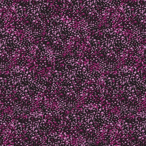 A close-up of a fabric pattern featuring dense magenta and pink dots scattered across a very dark, near-black background.