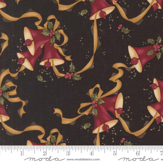Christmas-themed fabric pattern with red bows, gold ribbons, and holly leaves on a black background.