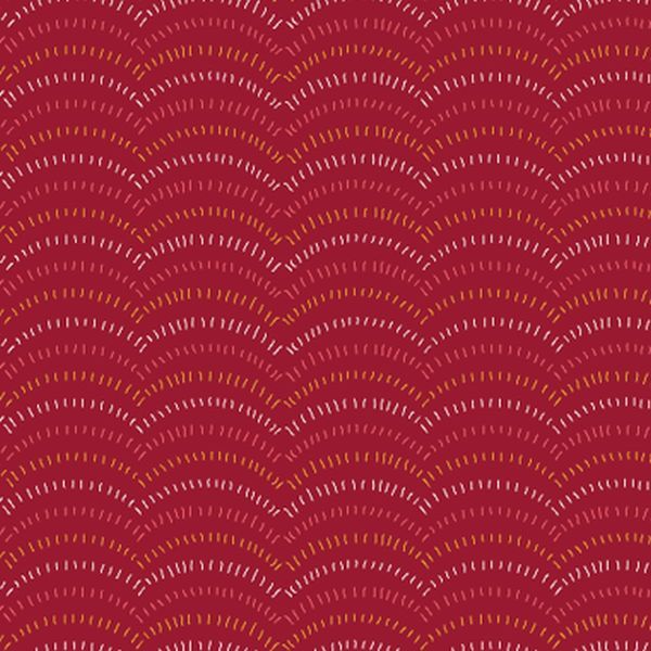 A repeating scallop or wave pattern in deep red, with rows of small white and warm orange curved dashes.