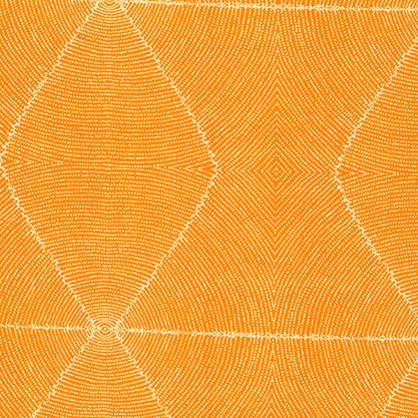 A close-up of a textured fabric pattern featuring a warm orange base with a repeating white geometric design of radiating lines and diamond shapes.