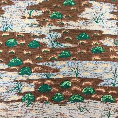 Textured pattern with green shapes resembling trees on a brown and beige background