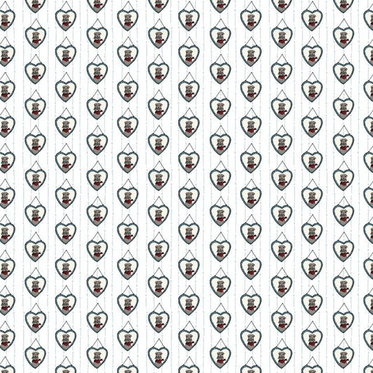 A repeating pattern of small shield-shaped badges featuring a puppy dog on a white background with thin vertical gray stripes. Each badge has a dark gray border, a red top section, and a beige lower section with a small emblem in the center.