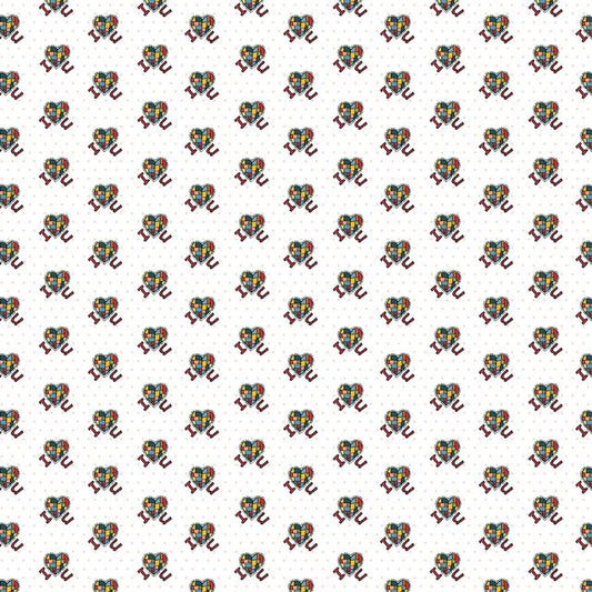A repeating pattern of small multicolored love heart mosiacs with I and U either ide of a heart arranged in rows on a white background with a faint light gray dotted texture.