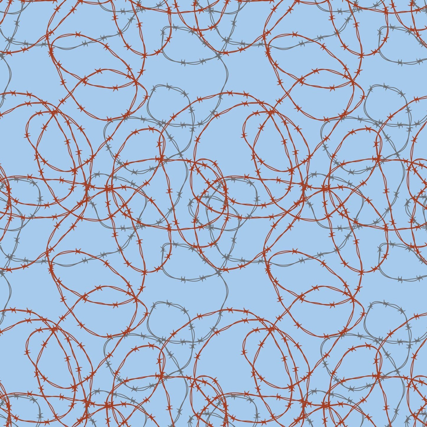 A repeating fabric pattern of tangled red barbed wire loops over a light blue background.