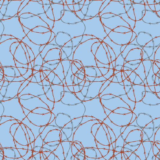 A repeating fabric pattern of tangled red barbed wire loops over a light blue background.