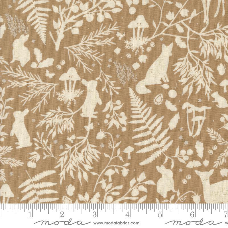 Fabric pattern with beige animals and nature elements on a brown background, featuring Moda label.