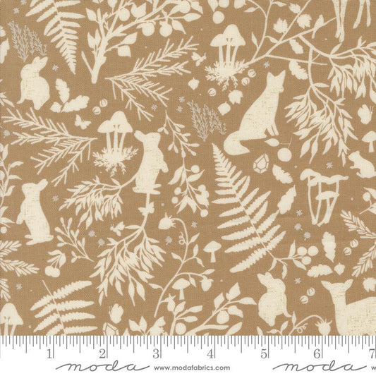 Fabric pattern with beige animals and nature elements on a brown background, featuring Moda label.