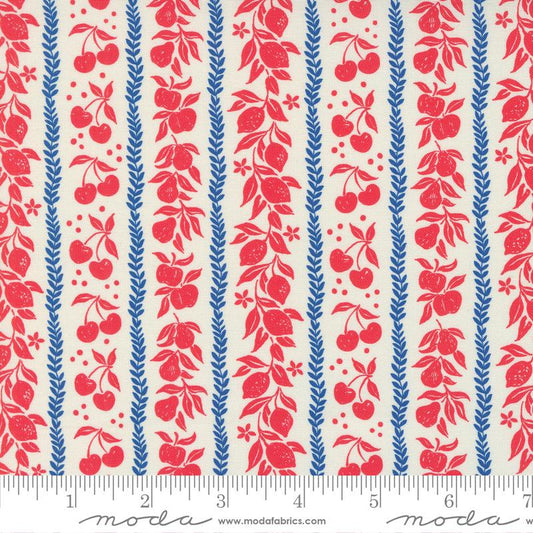 A close-up of a fabric pattern featuring vertical columns of red fruit motifs (cherries, peaches, strawberries) and blue leafy stalks on a warm cream background, with a ruler along the bottom edge showing scale.