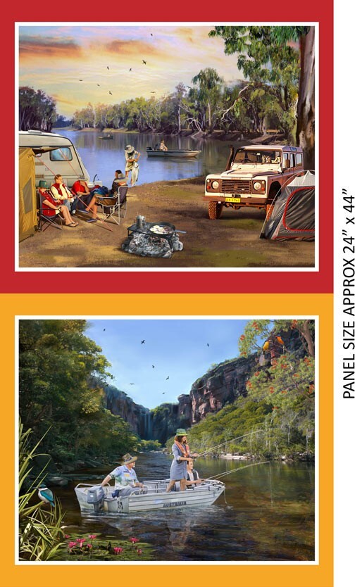 A two-panel rustic camping and fishing art fabric panel, featuring a top scene of campers by a river with a vintage car and a bottom scene of people fishing in a boat on a river gorge. The panels are framed with red and orange borders, with text indicating panel size approximately 24" x 44".