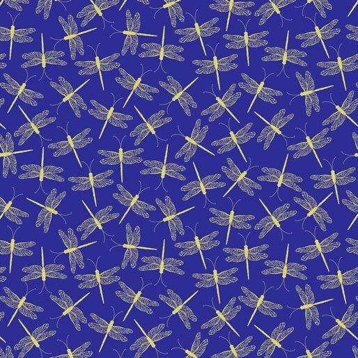 A repeating pattern of yellow dragonflies on a royal blue background.