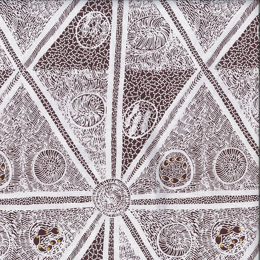 A square textile or fabric swatch featuring a detailed, symmetrical Aboriginal pattern in dark burgundy and white, with geometric triangles, circular motifs, and dense dotted textures.