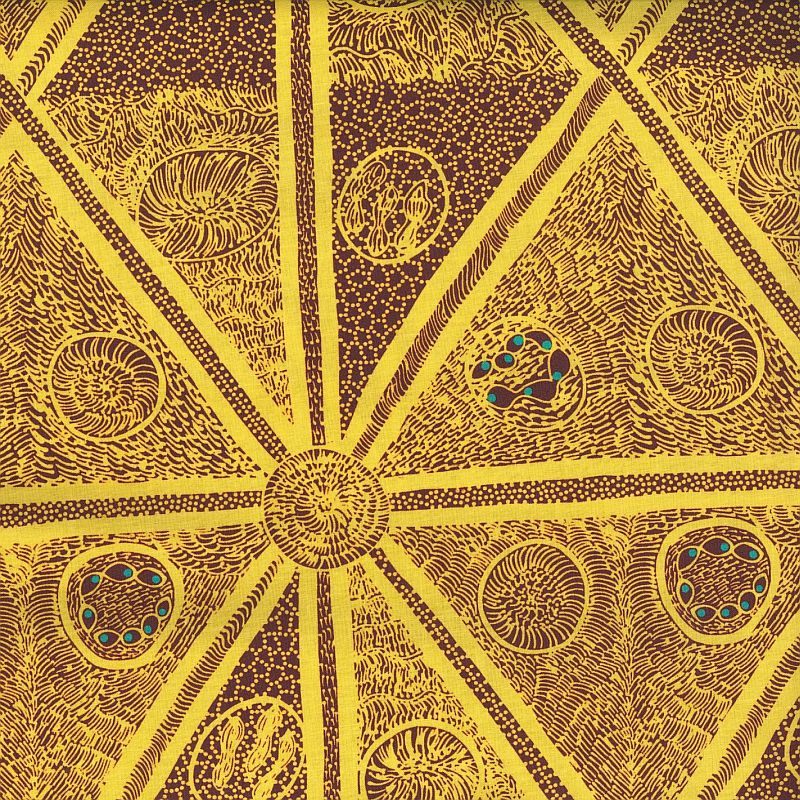 A close-up of a textile pattern featuring a symmetrical geometric design in bright yellow and dark brown, with intricate dotted and textured details.