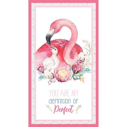 A vertical decorative fabric panel featuring a pink flamingo and a white flaming chick surrounded by pink and white flowers, with the text 'YOU ARE MY definition of Perfect' below, framed by a pink border and white floral pattern.