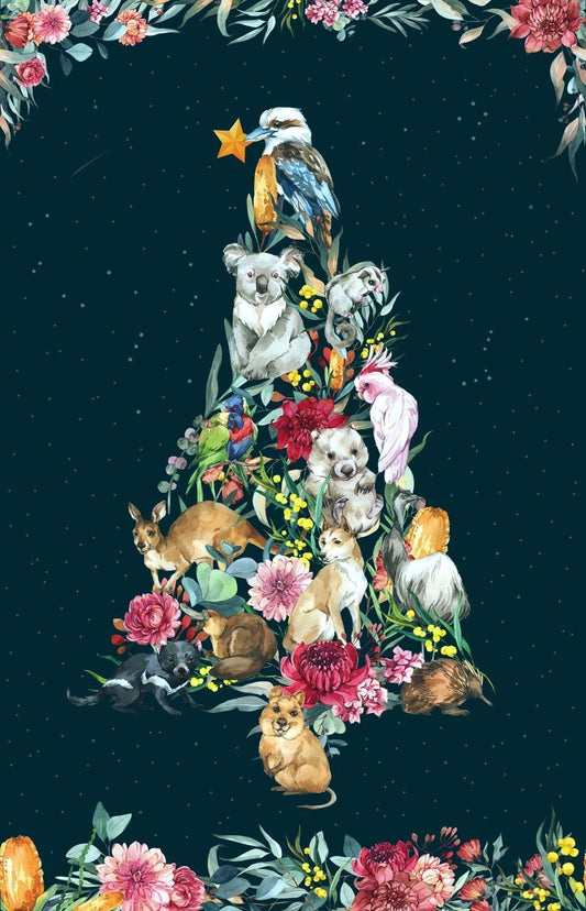 A decorative illustration on fabric panel of a Christmas tree made from Australian wildlife and flowers, set against a dark starry night background with floral borders at the top and bottom.