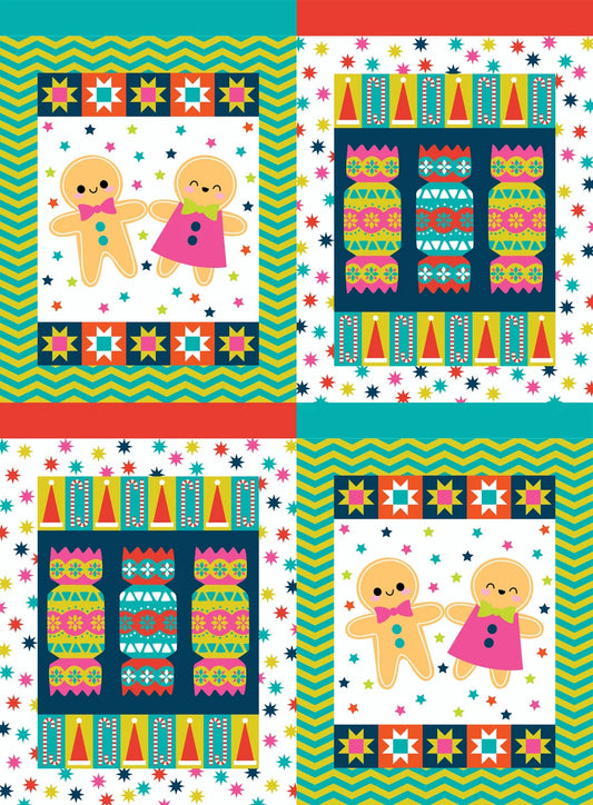A 2x2 grid of colorful holiday illustrations. The top-left panel shows two gingerbread cookies holding hands, and the bottom-left panel shows a patterned bon bon crackers window.