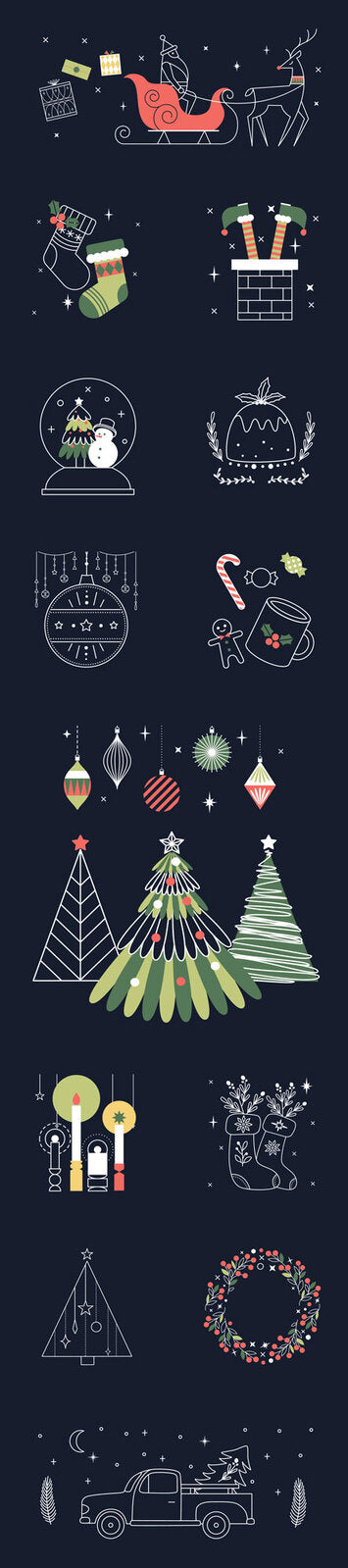 A vertical collection of Christmas-themed stitchery line art icons and illustrations on a dark navy background, including a sleigh, stockings, gifts, snow globe, wreath, Christmas trees, ornaments, candy cane, reindeer, and a truck.