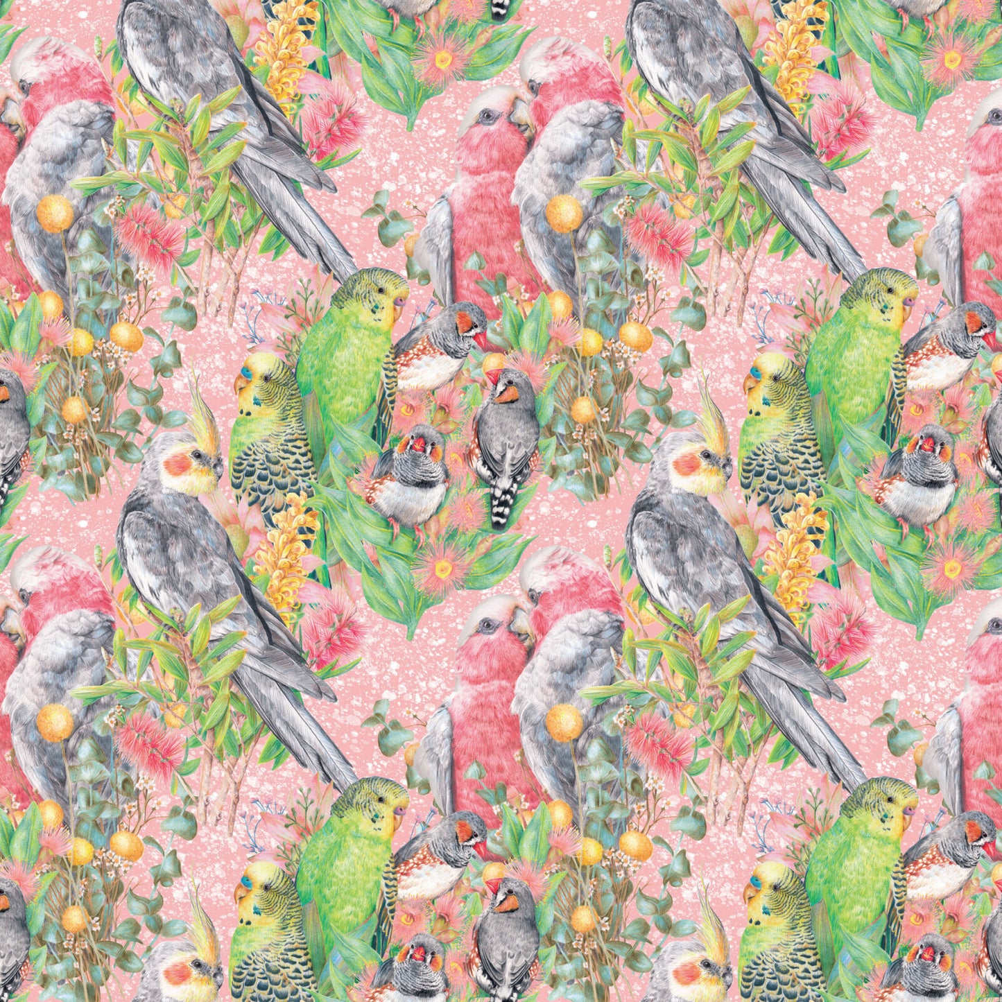 A repeating fabric pattern featuring green and gray birds, pink flowers, yellow berries, and foliage on a light pink background.