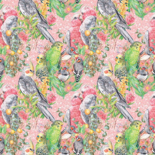 A repeating fabric pattern featuring green and gray birds, pink flowers, yellow berries, and foliage on a light pink background.