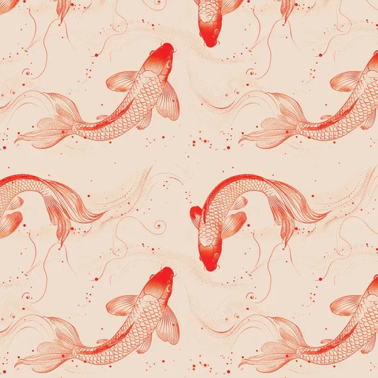 A repeating pattern of orange red koi fish and abstract flowing lines on a warm cream background.