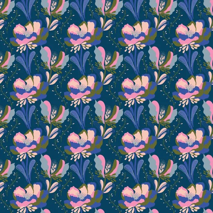 A repeating floral fabric pattern on a dark teal background, featuring large pink and lavender flowers with blue, green, and cream accents.