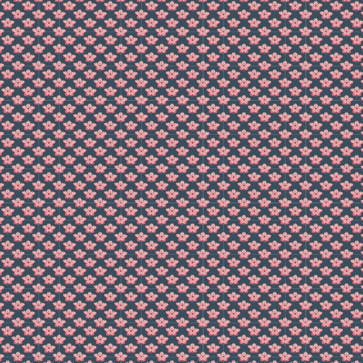A repeating pattern of small pink floral motifs arranged in diagonal rows on a dark navy blue background.