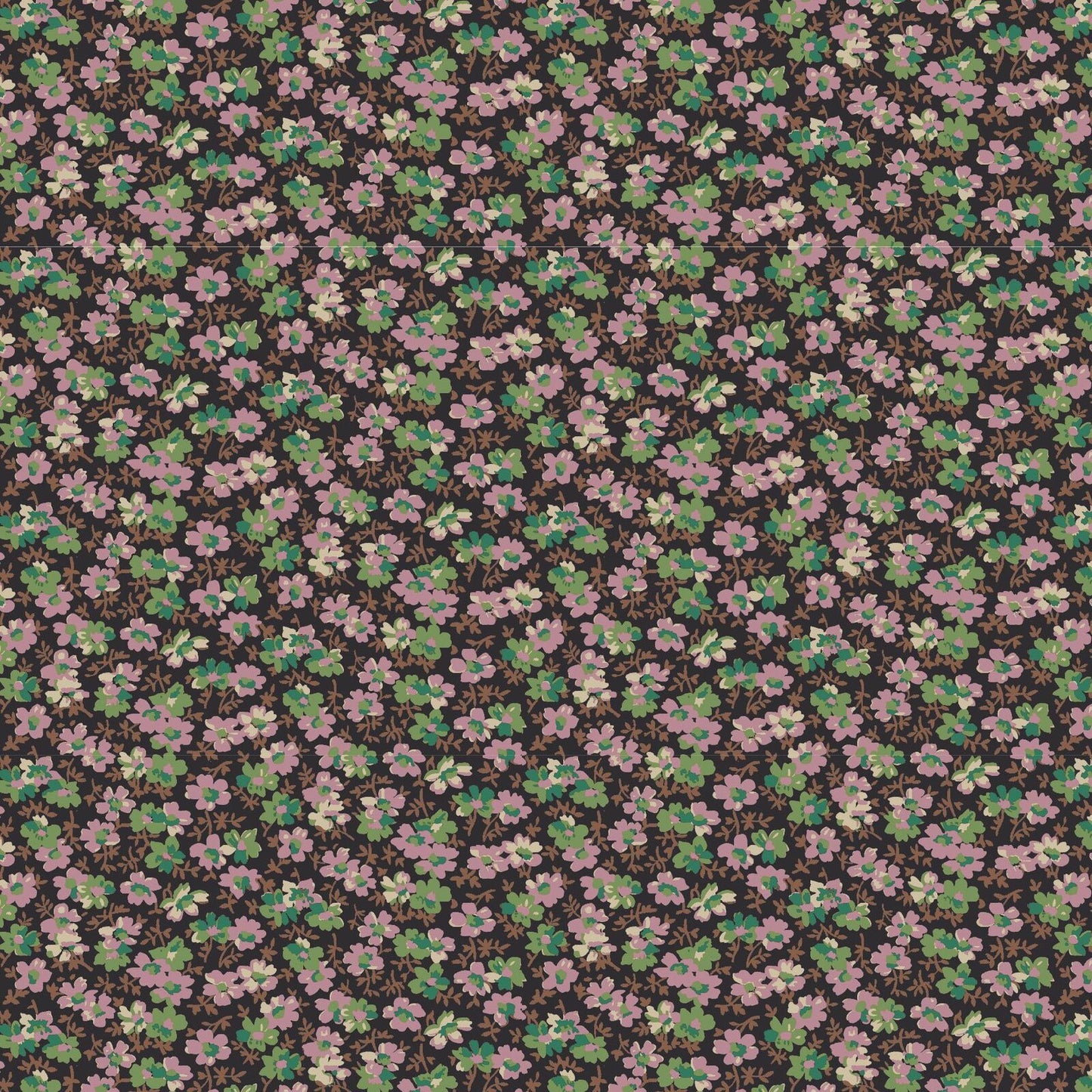 A close-up of a repeating floral fabric pattern featuring small pink and white blossoms with green leaves on a dark brown background.