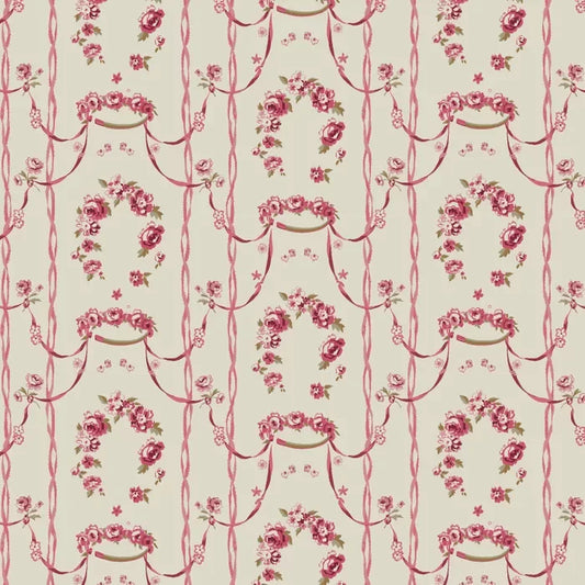 A repeating floral fabric pattern with pink rose garlands, small stars, and vertical ribbon-like lines on a warm cream background.