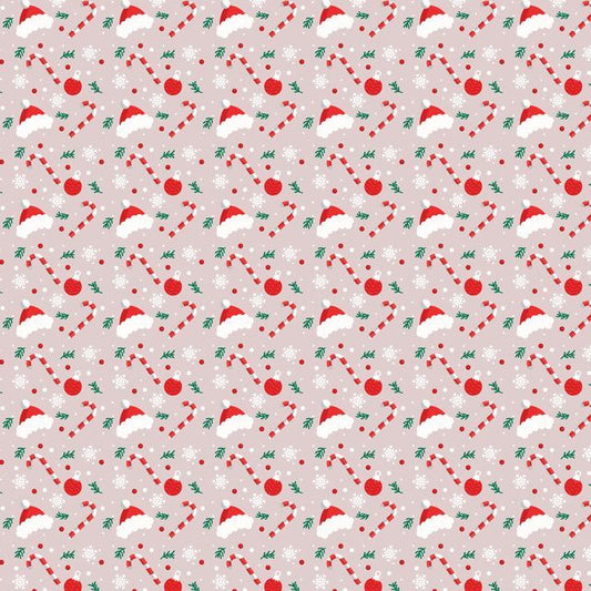 A repeating Christmas-themed pattern on a light blush tan pink background, featuring red Santa hats, red candy canes, green pine branches, white snowflakes, and red berries.