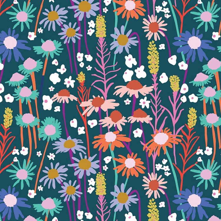 A colorful seamless floral fabric pattern featuring stylized daisies, poppies, and wildflowers in pink, orange, purple, blue, yellow, and white on a dark teal background.