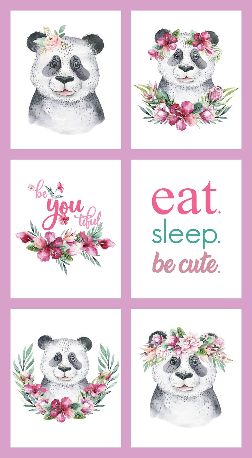 A square decorative print or card featuring six panels arranged in a 2x3 grid. The panel blocks show watercolor panda faces with floral crowns and leaves, plus two text panels reading 'be you' and eat.sleep.be cute.