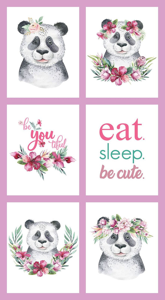 A square decorative print or card featuring six panels arranged in a 2x3 grid. The panel blocks show watercolor panda faces with floral crowns and leaves, plus two text panels reading 'be you' and eat.sleep.be cute.