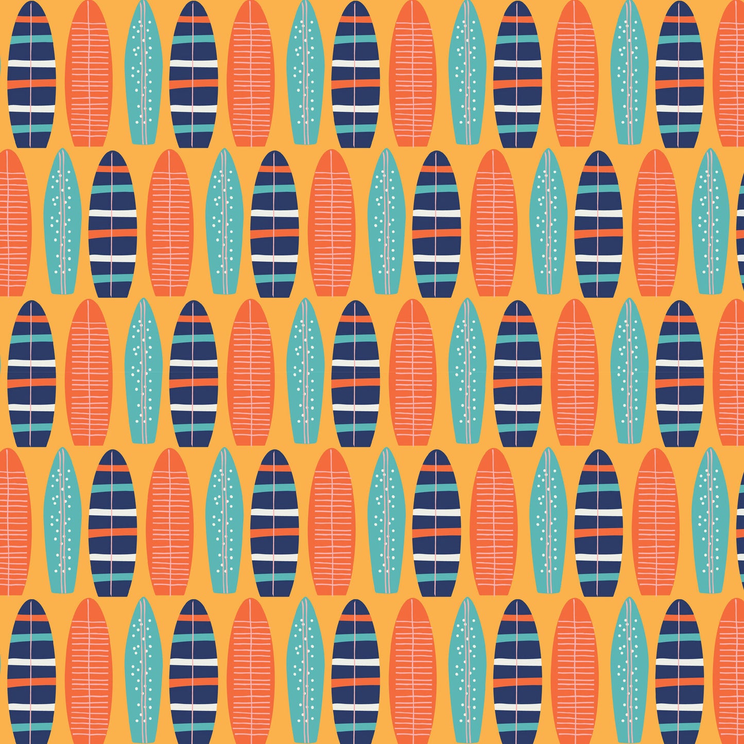 A repeating surfboard pattern on a warm orange background, with surfboards in coral, teal, and dark navy, some striped and some with white dotted details.