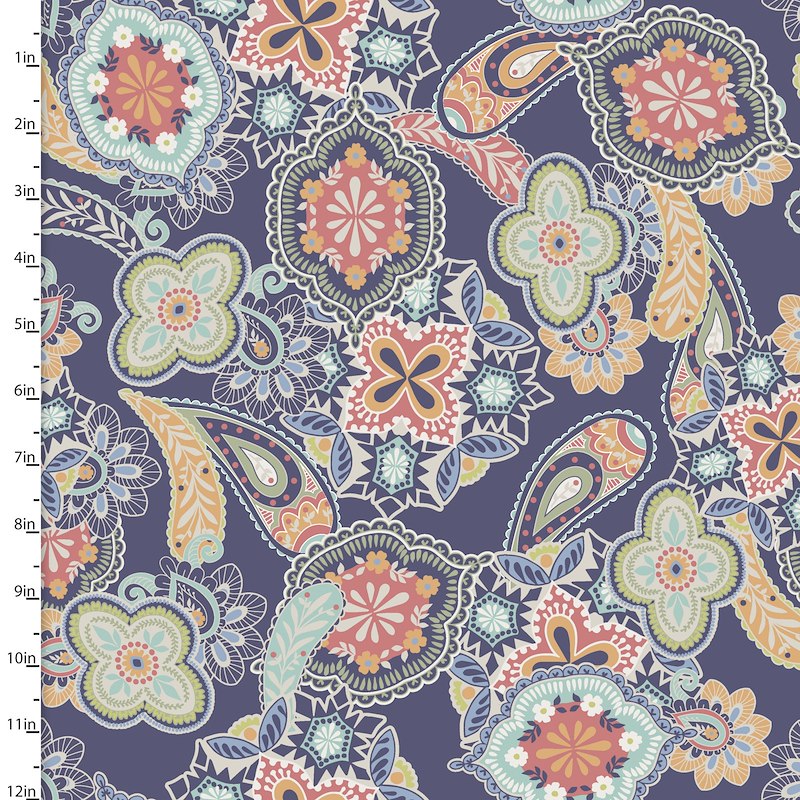A close-up of a fabric pattern swatch featuring a detailed paisley and floral design in muted tones of navy, coral, beige, and light blue