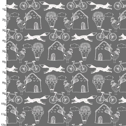 A repeating gray fabric or wallpaper pattern featuring white hand-drawn style illustrations of hot air balloons, bicycles, dogs, houses, and roosters, with a vertical measurement scale along the left edge.