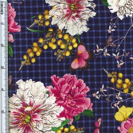 Hoffman Fabrics Modern Scrapbook Floral Indigo with flowers and butterflies on a blue check background