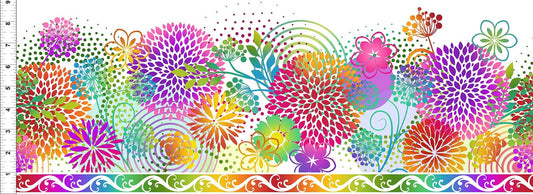 A vibrant, multicolor floral fabric pattern featuring stylized dandelions, leaves, and abstract dots in rainbow hues, with a decorative rainbow border along the bottom and a white inch ruler scale on the left side.
