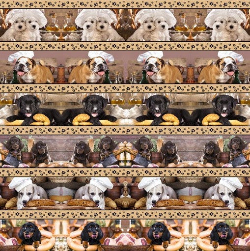 A repeating patterned fabric design featuring multiple rows of dogs wearing white chef hats and cooking aprons, with breads and bottles in a kitchen setting. The pattern is symmetrical and repeats vertically.