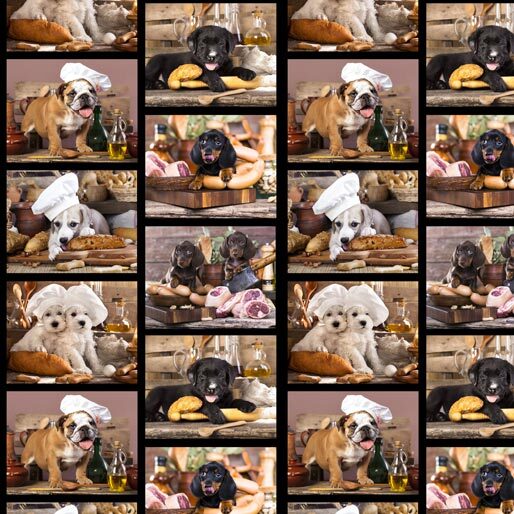 A repeating fabric collage pattern of dogs dressed as chefs, wearing white chef hats and jackets while cooking with bread, onions, and bottles of oil in a rustic kitchen setting.