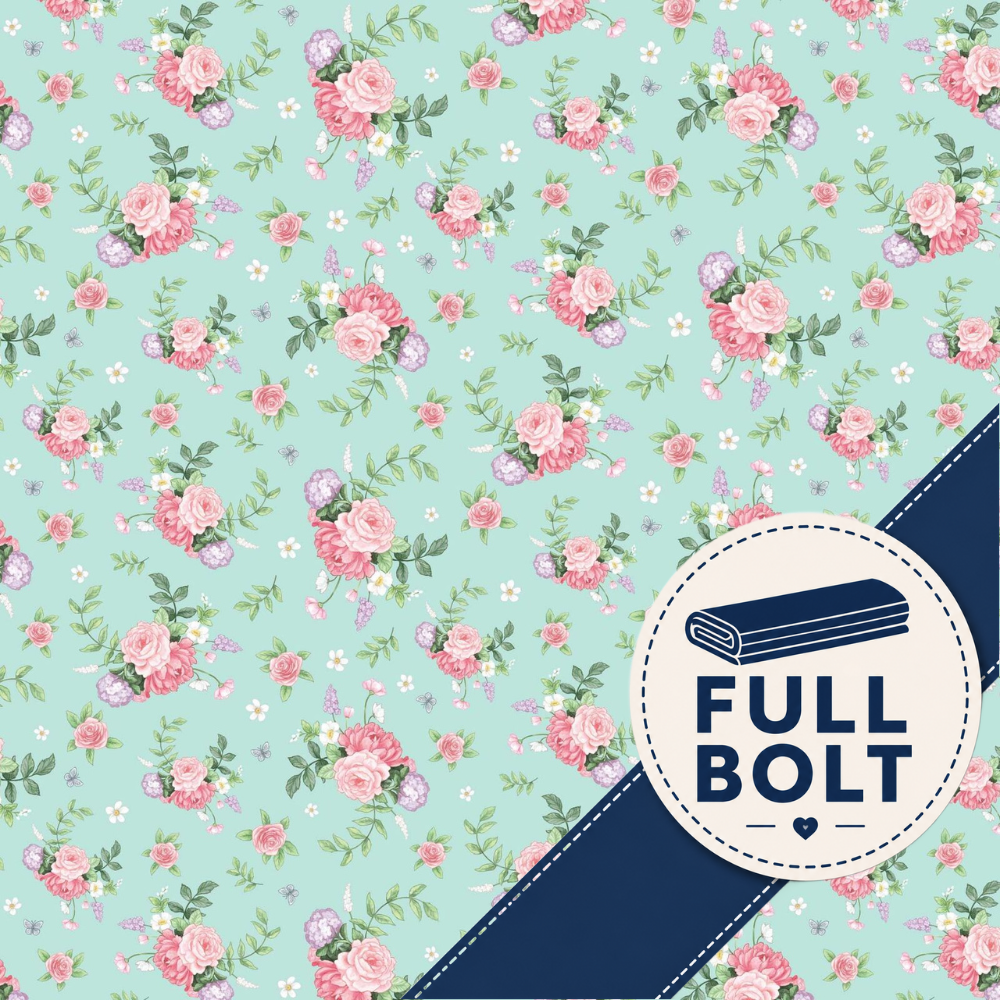 Devonstone Little Wren Cottage Floral Aqua Mint 8m Fabric Bolt DV3498