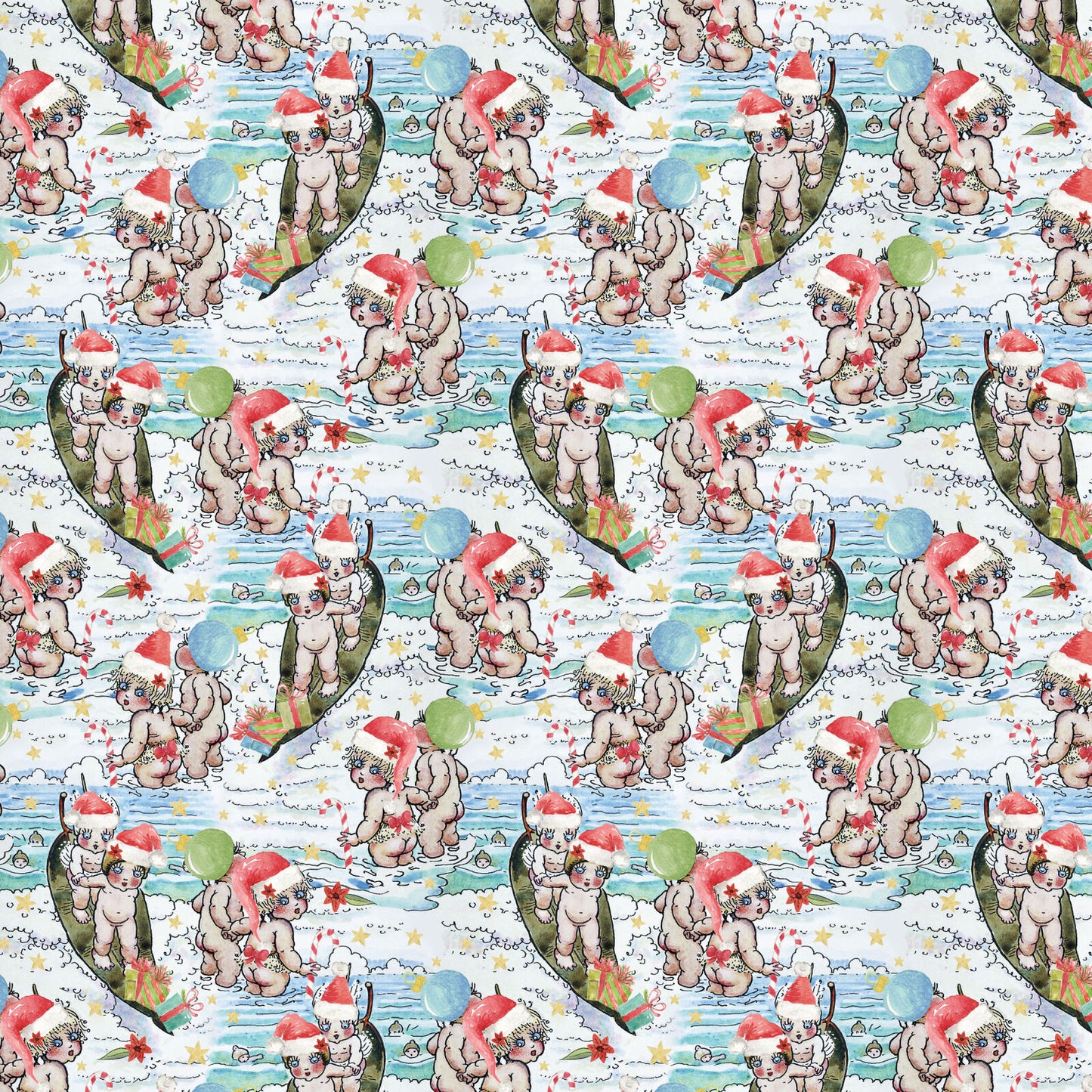 A repeating Christmas-themed pattern featuring cartoon snugglepot and cuddlepie hats and Santa hats, standing in boats on water with snow, red ornaments, and gift boxes.