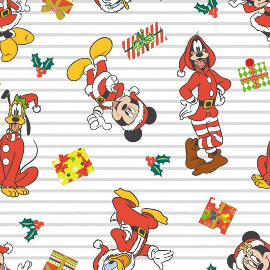 Christmas-themed Disney cartoon characters including Mickey Mouse, Donald Duck, Goofey and Pluto on a striped background