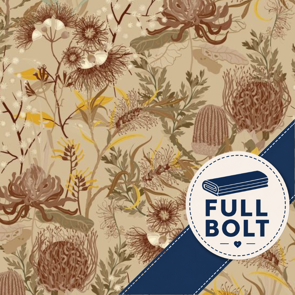 Australian wildflowers on a natural earth coloured cotton fabric