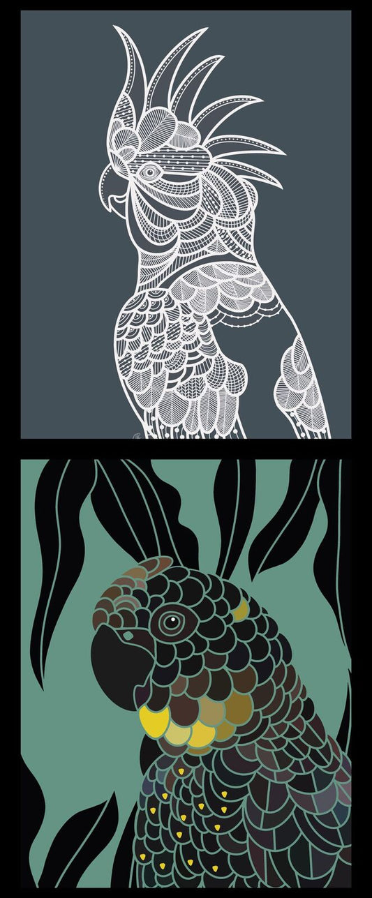 Two stylized parrot illustrations stacked vertically: a white cockatoo on a dark gray background at the top, and a dark green parrot with yellow accents on a teal background at the bottom.